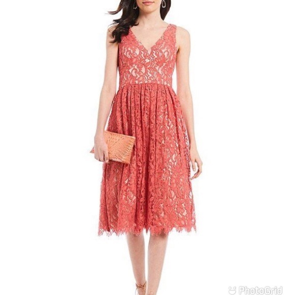 ELIZA J Lace Midi Dress Sleeveless A-Line V Neckline Dusty Coral Red Size 6 NWOT - Picture 1 of 16